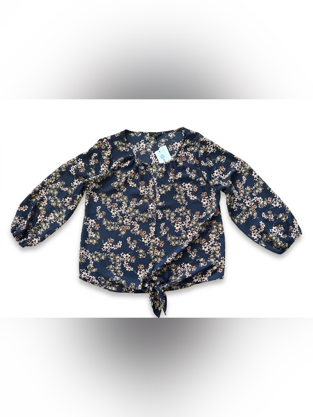 West Kei Stitch Fix Floral Tie Front Blouse Large Blue Pink Long Sleeve NWT